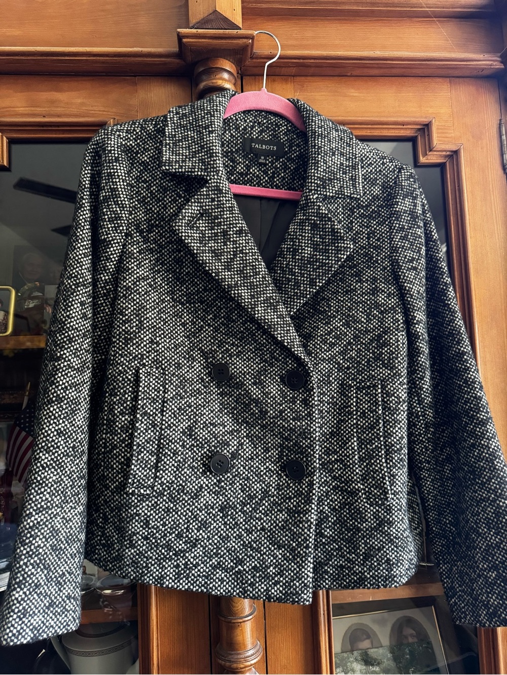 Talbots Black and White Tweed Double-Breasted Pea Coat
